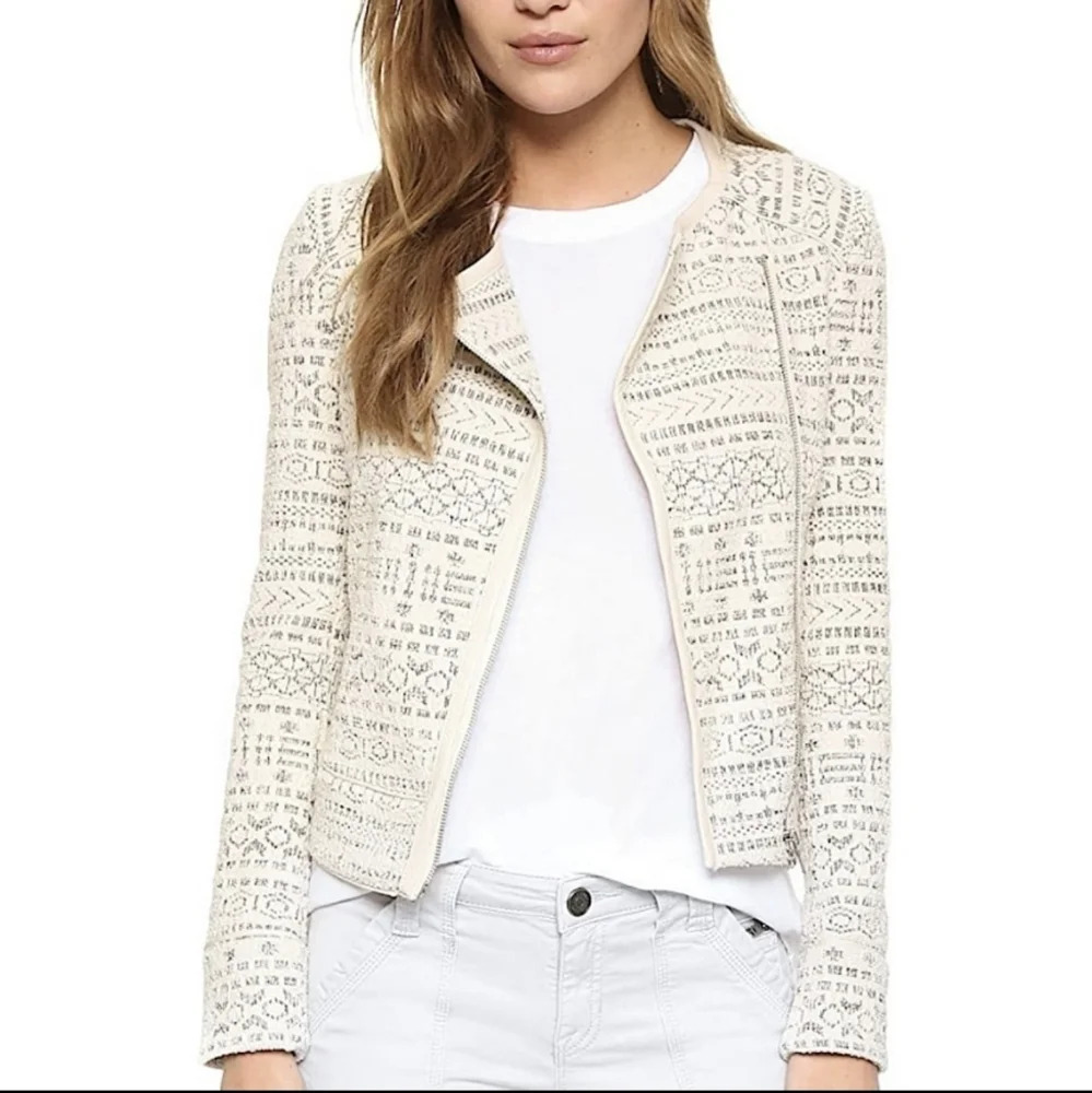 Joie Pattyn Porcelain Jacquard Tweed Moto Jacket Blazer Cotton Lambs Leather S